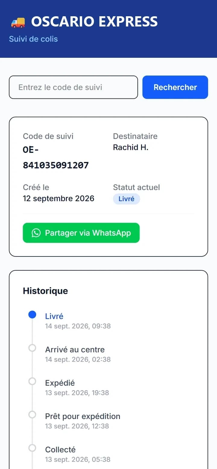 Le suivi public, tel que le voit votre client sur son téléphone — sans compte.